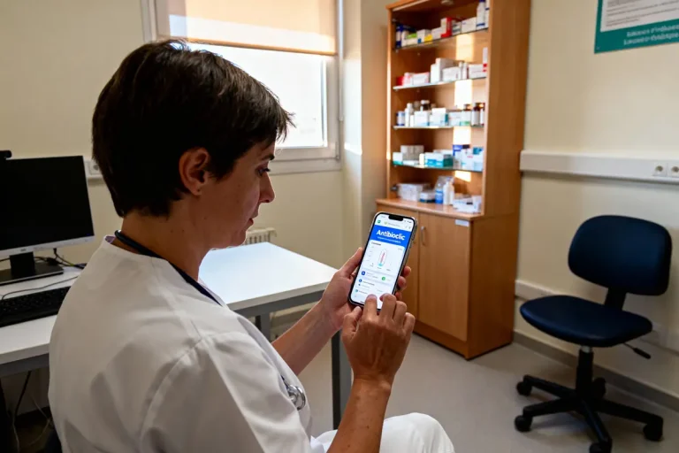 Personne en blouse blanche utilisant une application médicale sur smartphone, dans un bureau de consultation avec étagère à médicaments.