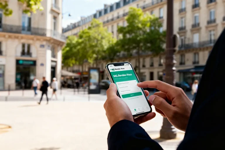 Personne utilisant une application de rendez-vous médical sur smartphone, dans une rue animée avec bâtiments haussmanniens.