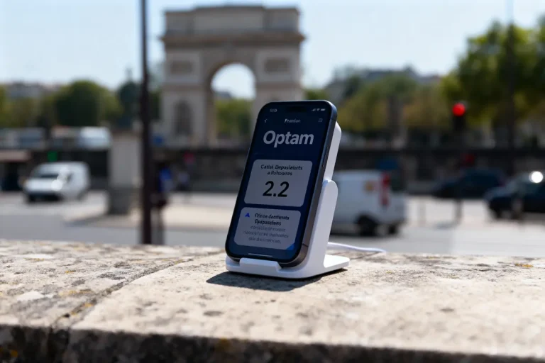 Smartphone sur support, affichant "Optam", devant l’Arc de Triomphe à Paris, ciel bleu dégagé, circulation.