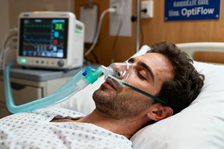 Homme couché dans un lit d'hôpital, portant un masque à oxygène, moniteur médical en arrière-plan.
