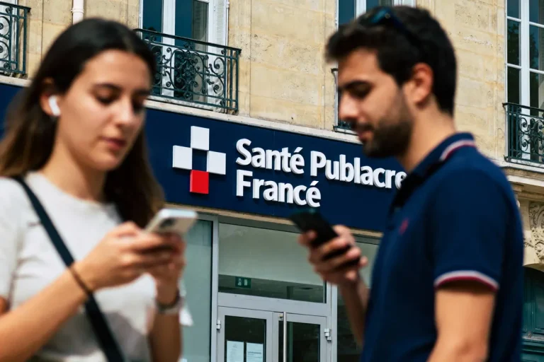 Deux personnes utilisant des téléphones devant le bâtiment de Santé Publique France.