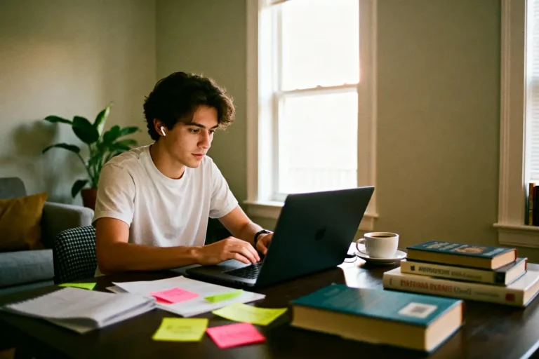 Jeune homme étudiant avec ordinateur portable, écouteurs, livres et notes colorées, assis à une table.
