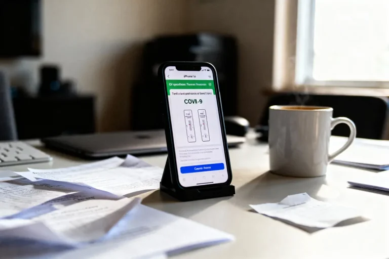 Smartphone sur bureau, affichant résultats de test COVID-19, entouré de papiers et tasse de café.