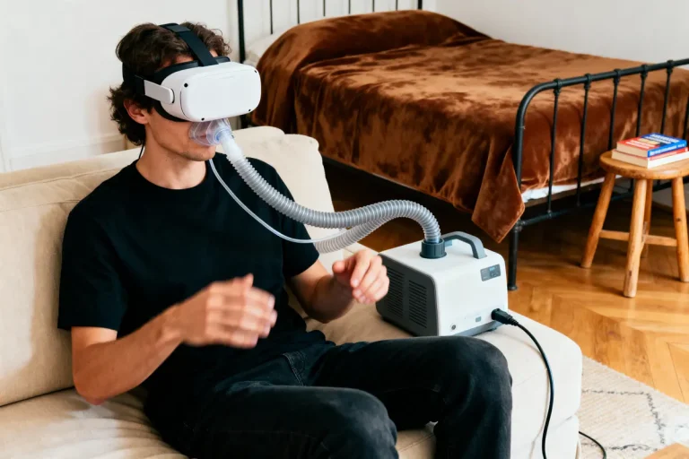 Un homme assis portant un casque de réalité virtuelle relié à une machine par un tuyau respiratoire.