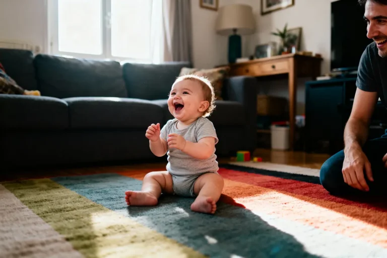 Bébé souriant assis sur tapis coloré, éclairé par la lumière, auprès d'un adulte dans le salon.