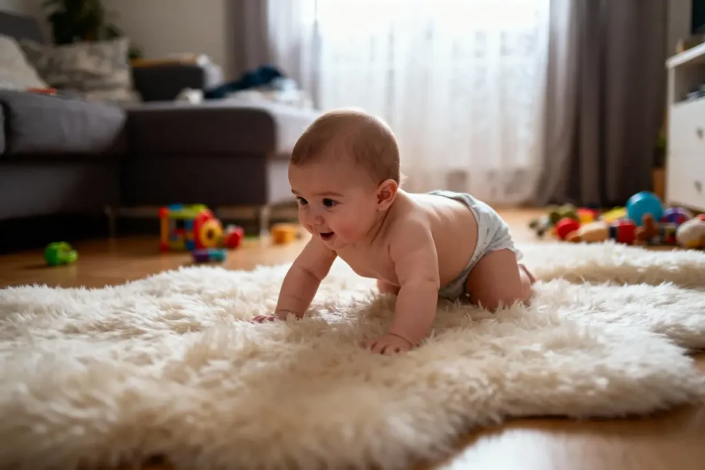 Bébé en couche, souriant, rampe sur un tapis moelleux, dans un salon avec jouets colorés.