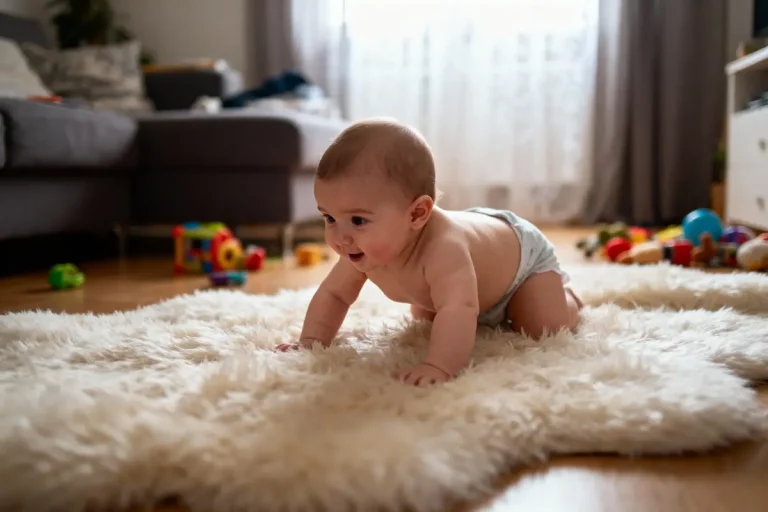 Bébé en couche, souriant, rampe sur un tapis moelleux, dans un salon avec jouets colorés.