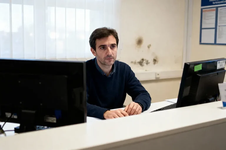 Homme assis au bureau, entouré d'ordinateurs, devant mur avec tache de moisissure. Bureau administratif.