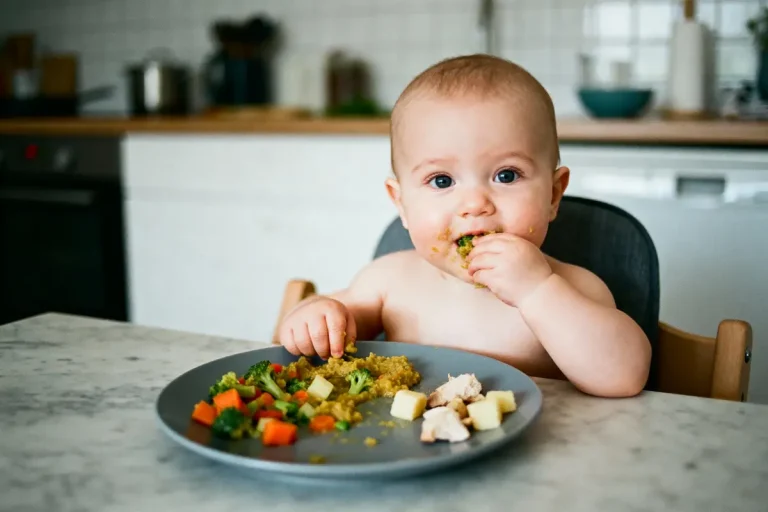 Bébé mangeant seul des légumes, poulet et pommes de terre à table dans une cuisine.