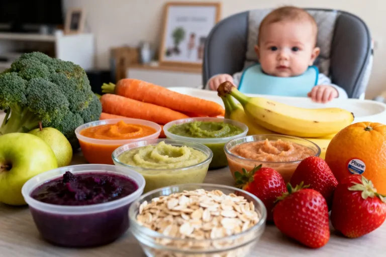 Bébé avec purées colorées et fruits frais sur table, prêt à manger dans une chaise haute.
