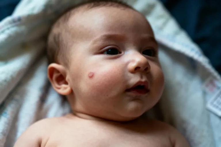 Bébé allongé sur une couverture, avec une petite tache sur la joue, regardant vers la droite.