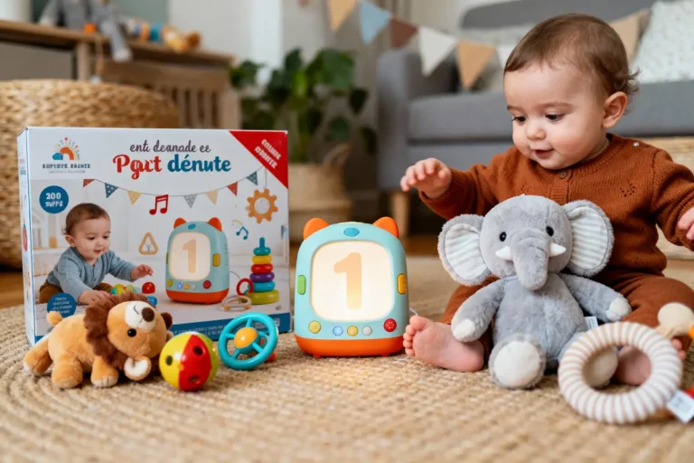 Bébé joue avec des jouets éducatifs et peluches sur tapis, boîte de jouets visible en arrière-plan.