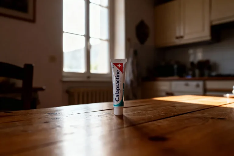 Tube de crème Calapractine sur table en bois, cuisine en arrière-plan éclairée par la lumière de la fenêtre.