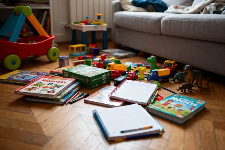 Jouets et livres d'enfants éparpillés sur le sol, près d'un canapé dans une pièce lumineuse.