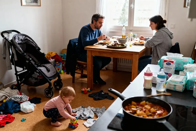 Un couple mange, bébé joue par terre, cuisine avec couches, jouets, biberons, et plats sur la table.