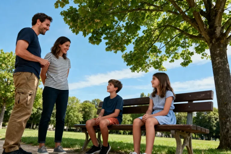 Famille souriante discutant dans un parc ensoleillé, enfants assis sur banc, parents debout sous un arbre.
