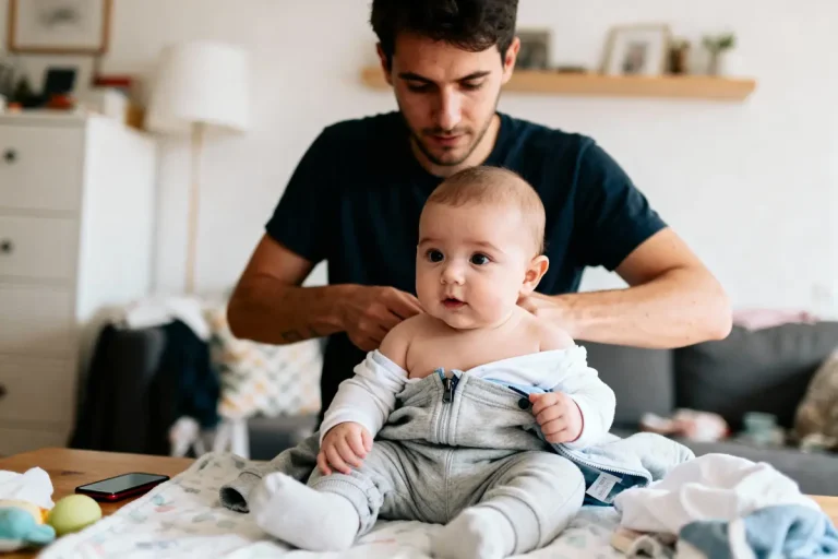 Un homme habille un bébé assis sur une table, avec vêtements et smartphone à proximité.