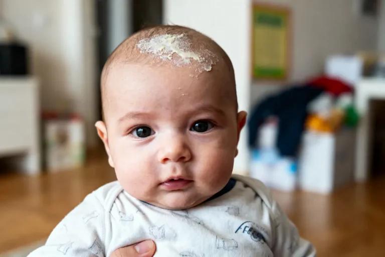 Bébé avec nourriture sur le front, regardant l'objectif, en intérieur avec arrière-plan flou.