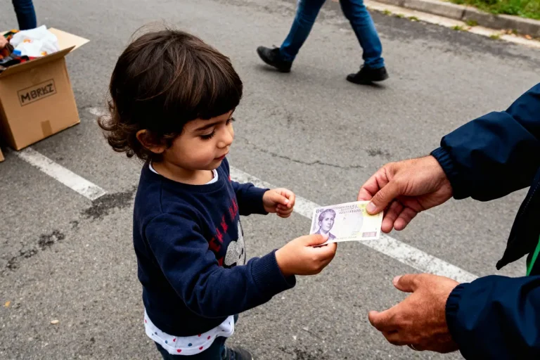Un enfant reçoit un billet de banque d'un adulte sur une route.