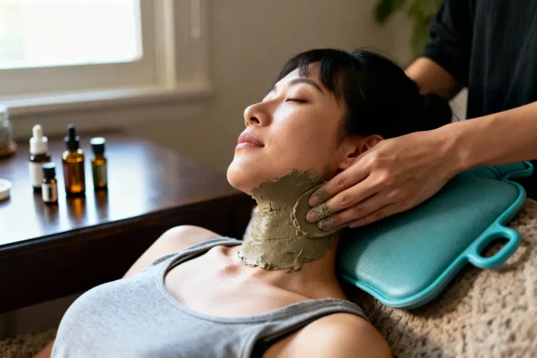 Personne relaxée recevant un soin d'argile sur le cou, dans un spa, avec huiles essentielles en arrière-plan.