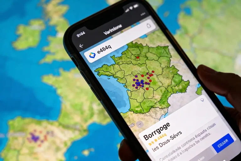 Carte de France sur smartphone avec emplacements marqués en rouge et bleu, fond de carte géographique.