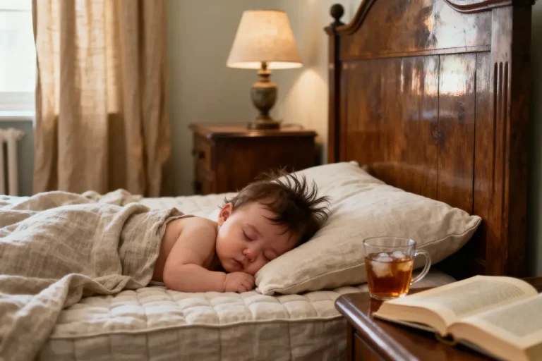 Bébé dormant paisiblement sur lit, lampe allumée, livre ouvert et verre de thé sur la table de nuit.