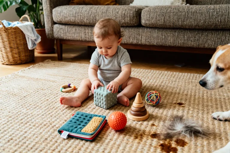 Un bébé joue avec des jouets sur un tapis, près d'un chien et d'un canapé.