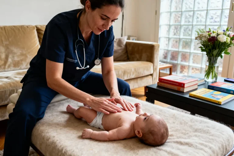 Professionnelle de santé examine un bébé sur une table, entourée de livres et d'un canapé.
