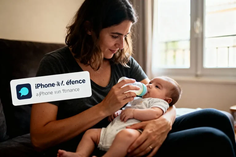 Femme nourrissant un bébé au biberon, texte flottant avec logo et texte déformé.