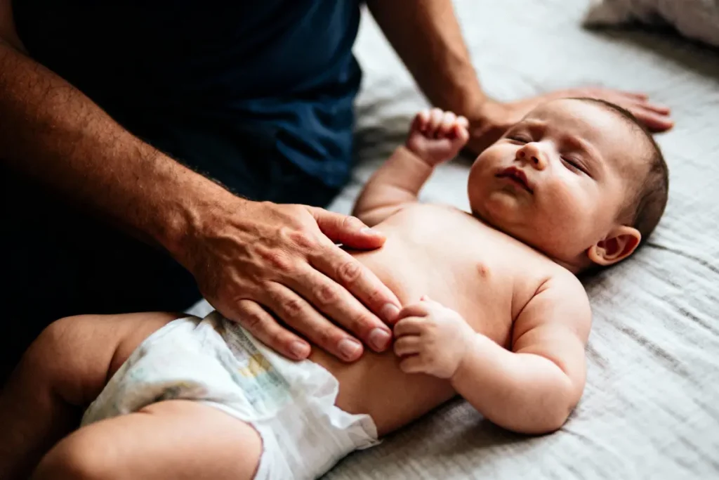 Bébé endormi sur lit, couvertures blanches, main d'adulte posée sur son ventre.