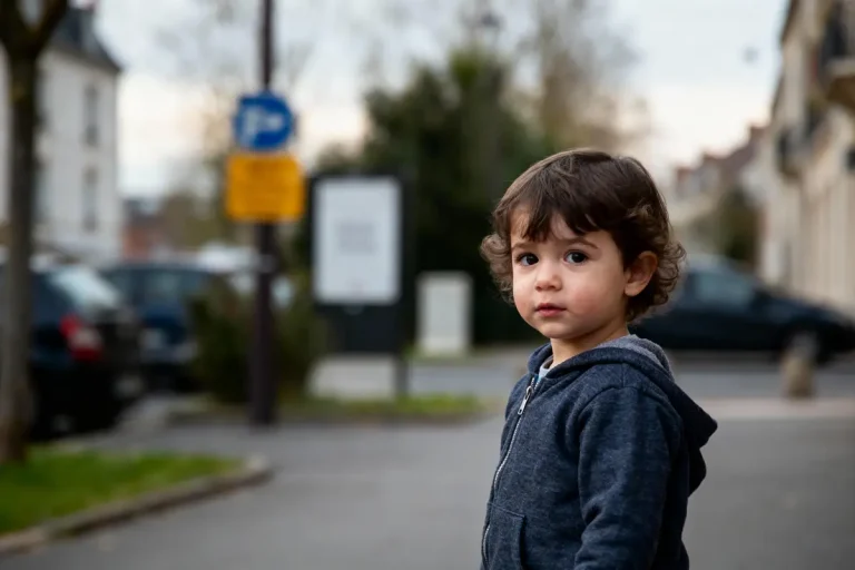 Jeune enfant brun, portant un sweat à capuche, debout sur un trottoir en ville, voiture floue en arrière-plan.