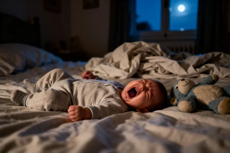 Bébé pleurant allongé sur un lit, peluche bleue à côté, lumière lunaire à travers la fenêtre.