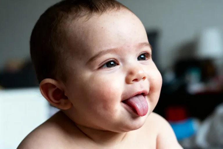Bébé souriant avec la langue sortie, fond flou, lumière naturelle douce, ambiance joyeuse et tendre.
