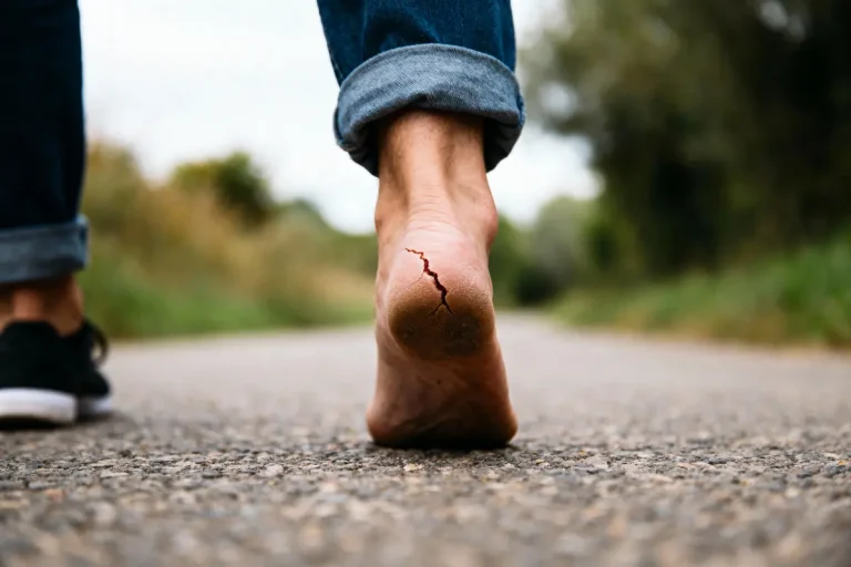 Pied nu avec talon fissuré sur route, vue de derrière, personne marchant sur asphalte, jeans roulés.