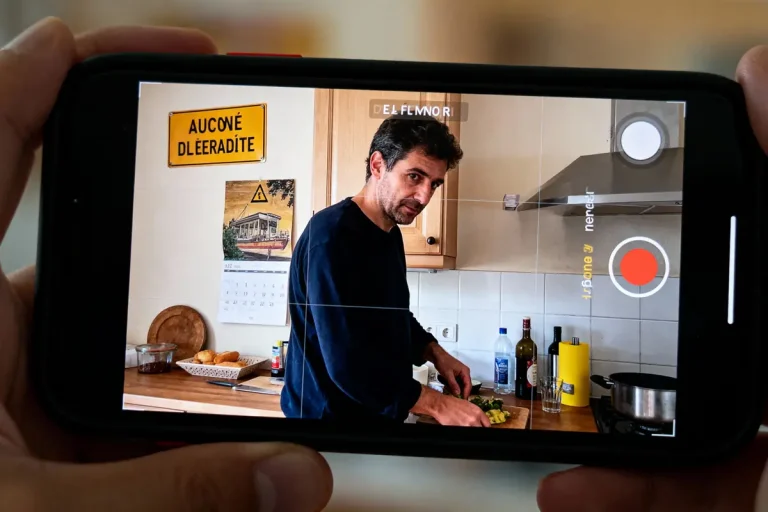 Homme cuisinant dans une cuisine, filmé à travers un smartphone, affiche murale visible en arrière-plan.