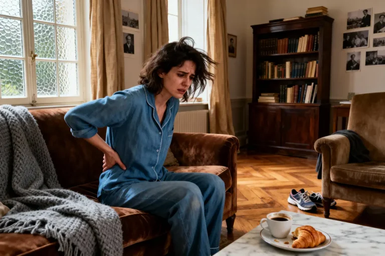 Femme en pyjama bleu sur canapé brun, main sur le dos, tasse de café et croissant sur table.