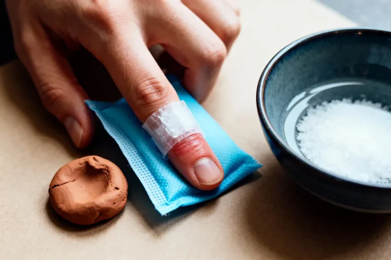 Doigt bandé sur compresse bleue, potterie en argile, bol d'eau salée à droite, sur surface beige.