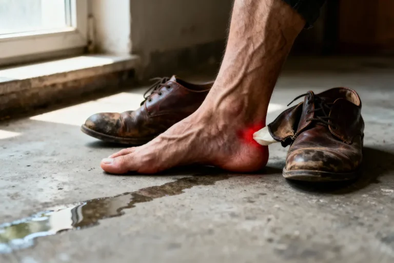 Pied nu blessé avec pansement, chaussures en cuir usées à côté, intérieur avec lumière naturelle.