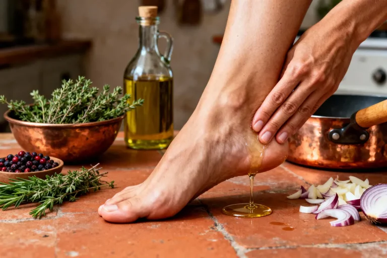 Pied massé avec huile près d'herbes, baies et oignons sur table en cuisine rustique.