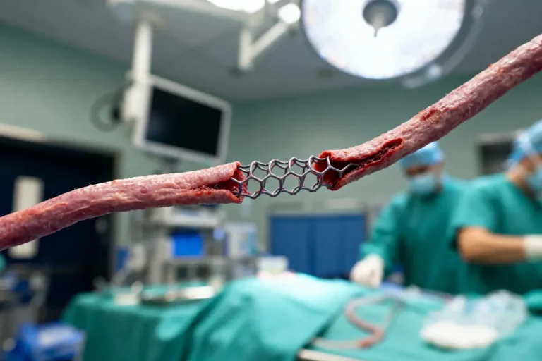 Stent inséré dans un vaisseau sanguin, chirurgiens opèrent en arrière-plan d'une salle d'opération, éclairage chirurgical.