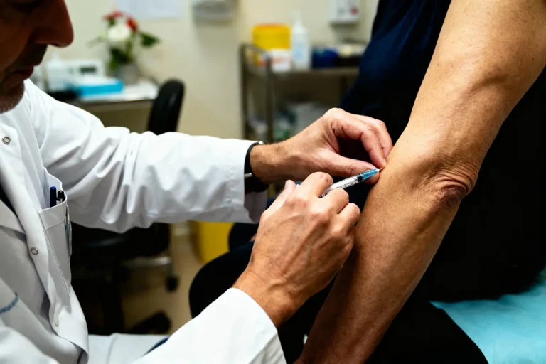 Médecin administrant une injection dans le bras d'un patient, consultation médicale en cabinet.