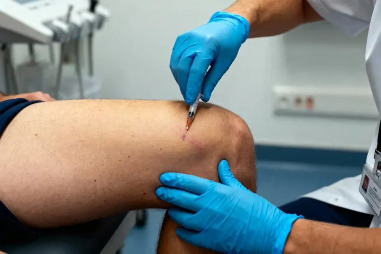 Personne en gants bleus injectant une seringue dans le genou d'un patient assis en consultation médicale.