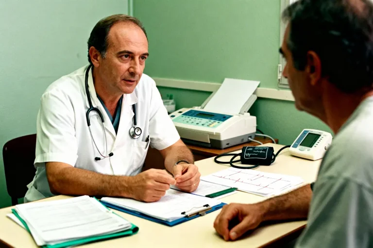 Un médecin discute avec un patient dans un bureau médical, documents et équipement médical visibles.