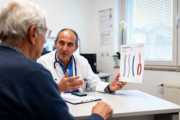 Un médecin discute avec un patient en montrant un diagramme médical dans un cabinet.