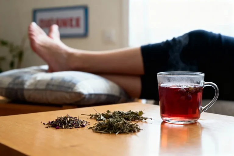 Personne se relaxant, pieds surélevés, avec thé fumant et plantes séchées sur la table basse en bois.