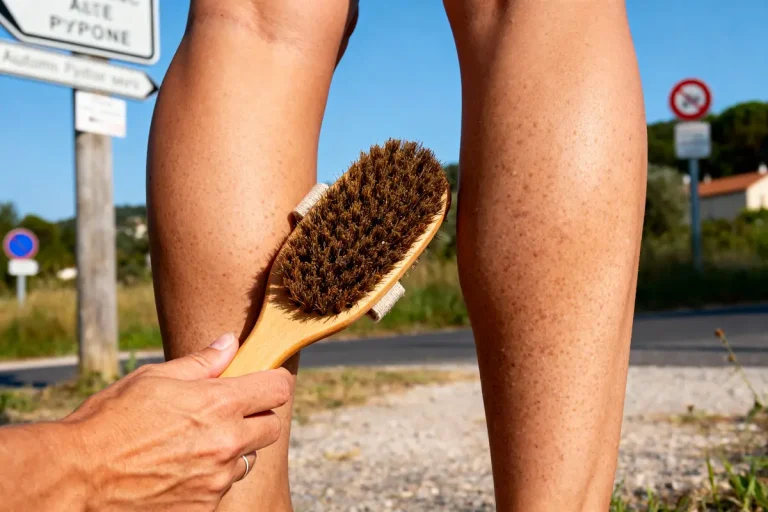 Personne brosse jambes avec brosse en bois, extérieur ensoleillé, route en arrière-plan flou.