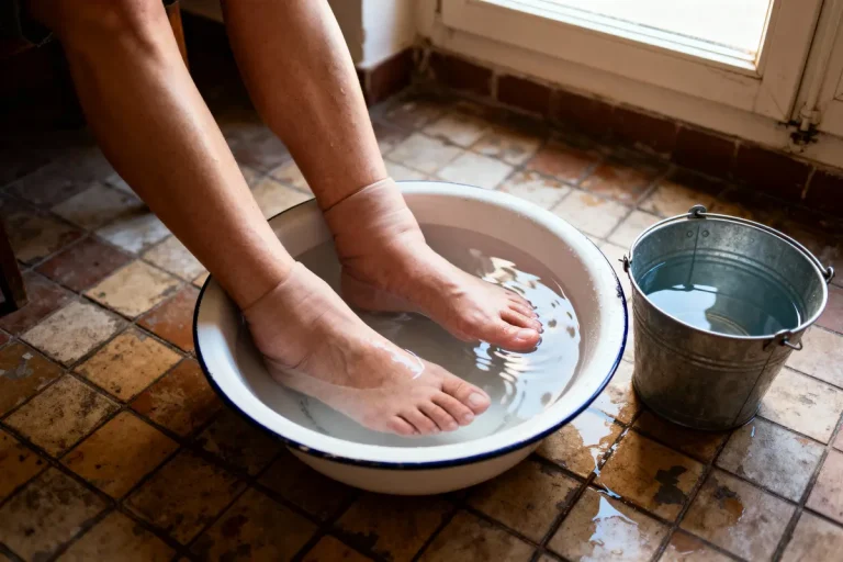 Pieds trempant dans une bassine d'eau, avec seau métallique, sur sol carrelé près d'une fenêtre.