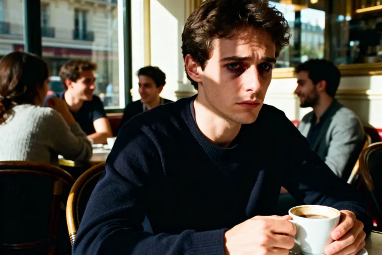 Jeune homme pensif tenant une tasse de café dans un café animé avec plusieurs personnes en arrière-plan.