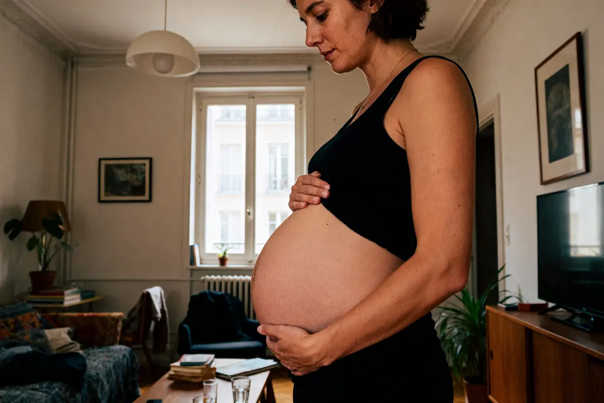 Femme enceinte debout dans un salon, tenant son ventre, lumière naturelle depuis la fenêtre.