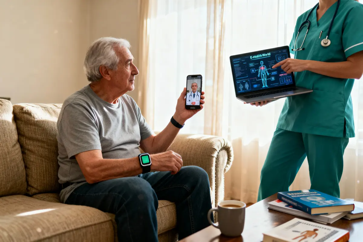 Homme âgé en consultation médicale en ligne, montre médecin sur smartphone. Infirmière avec ordinateur portable à côté.